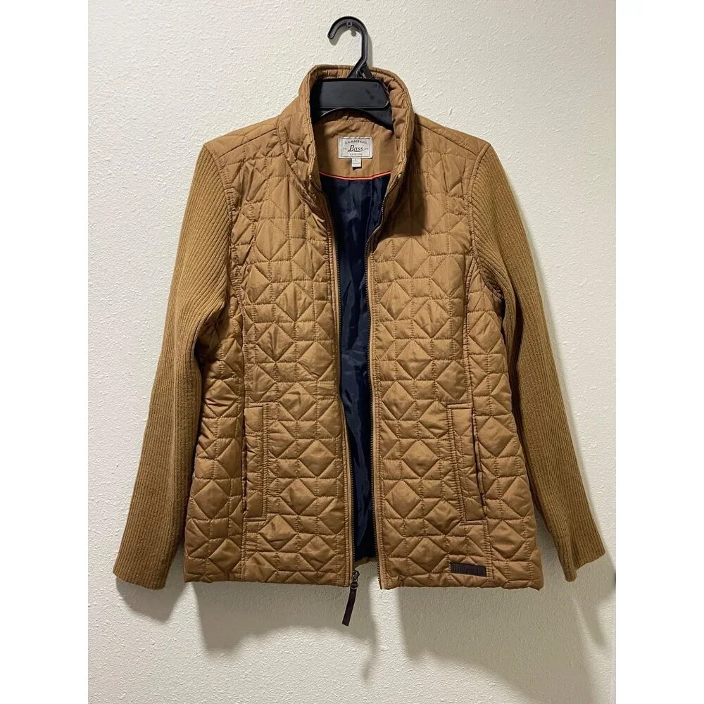 G.H. Bass & Co. Women’s Quilted Jacket Size L Brown Ribbed Sleeves Zip Up - Picture 9 of 16